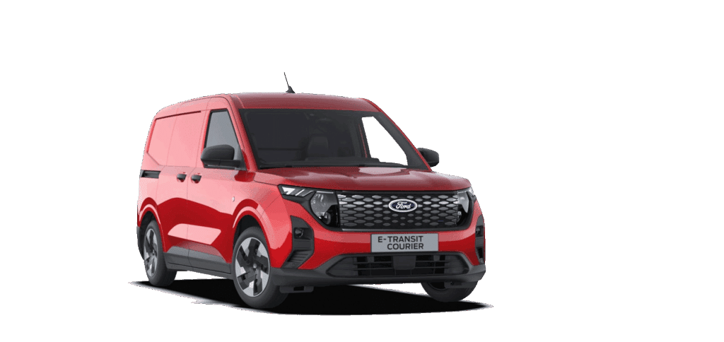 Rød Ford E-Transit Courier varebil på hvit bakgrunn