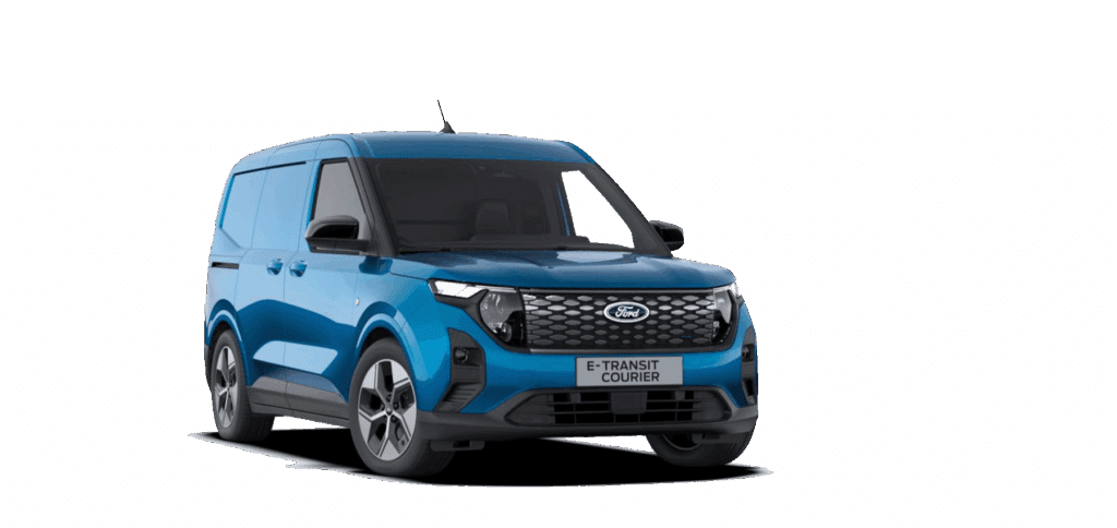 Blå Ford E-Transit Courier varebil på hvit bakgrunn