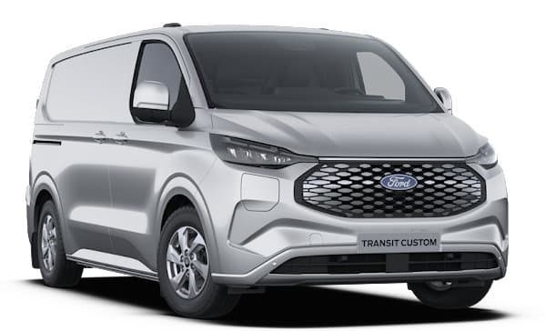 Sølvgrå Ford Transit Custom varebil på hvit bakgrunn